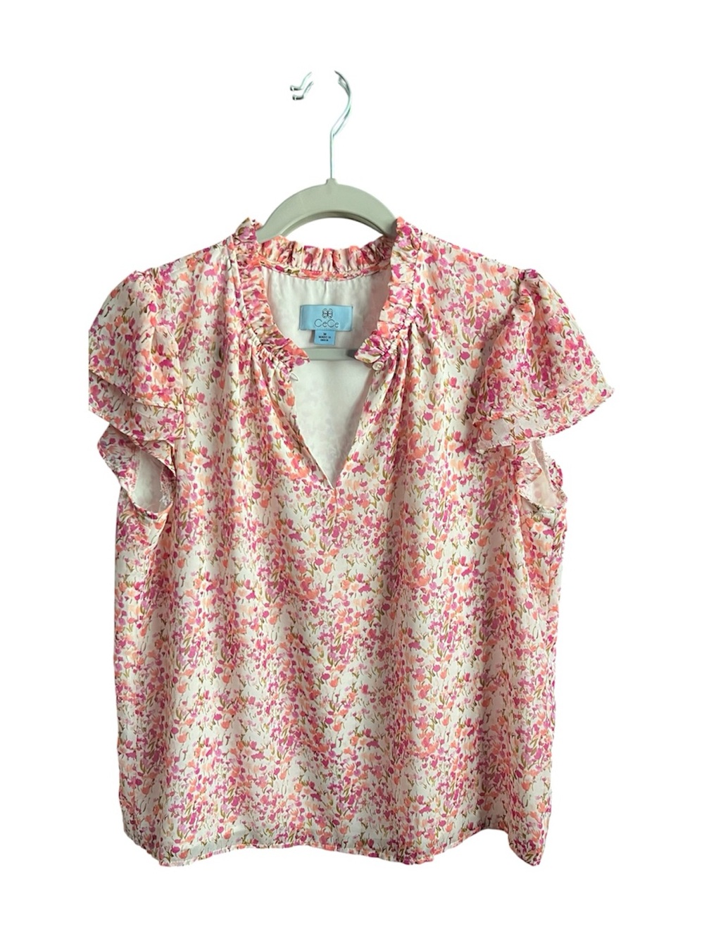 CeCe Pink Cream Floral Ruffle Neck Blouse